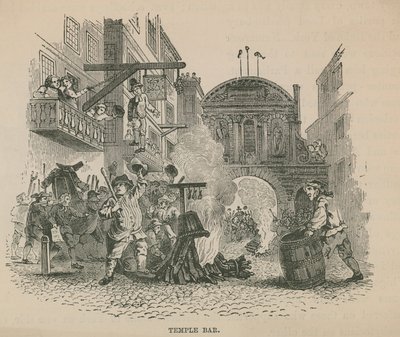 Een menigte stookt een vreugdevuur voor Temple Bar door English School