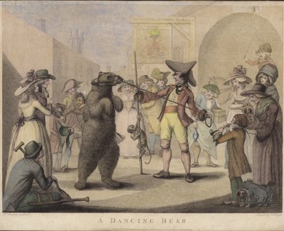 Een dansende beer (ingekleurde gravure) door English School