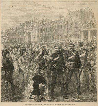Een detachement van de Royal Artillery vertrekt vanuit Woolwich naar de Goudkust door English School