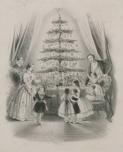 Een familie rond een kerstboom door English School