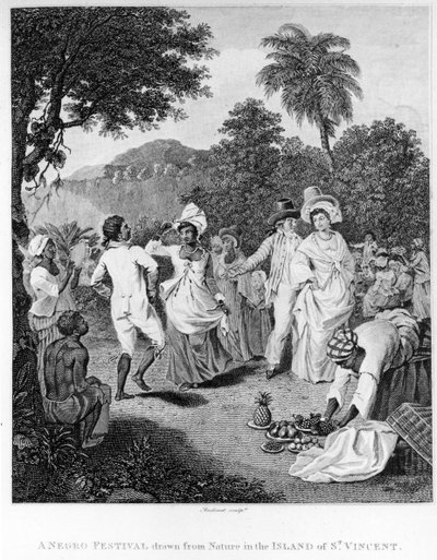 Een festival op het eiland St. Vincent, uit The History, Civil and Commercial, of the British Colonies in the West Indies door Bryan Edwards, gegraveerd door Philipp Audinet, herziene editie van 1794 door English School