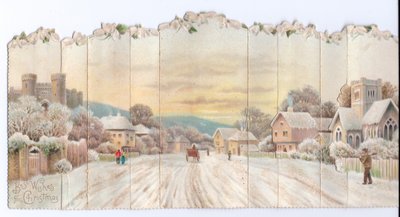 Een opvouwbare concertina Victoriaanse kerstkaart van een kasteel en kerk en een man die een schop draagt in de sneeuw, ca. 1880 door English School
