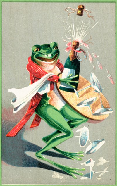 Een kikker die een dienblad met glazen en een champagnefles draagt door English School