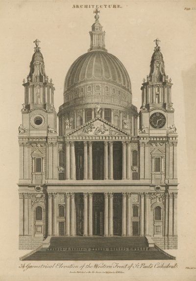 Een geometrische elevatie van de westelijke voorzijde van St Paul