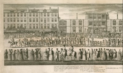 Een geometrisch uitzicht op de grote processie van de Scald Miserable Masons, Somerset House, Londen door English School