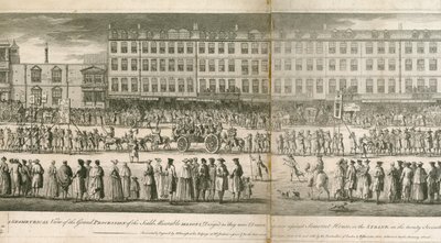 Een geometrisch uitzicht op de grote processie van de Scald Miserable Masons, Somerset House, Londen door English School