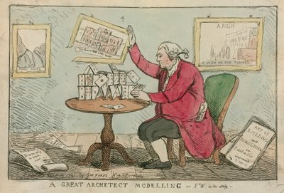 Een grote architect aan het modelleren - cartoon van Sir William Chambers, architect van Somerset House door English School