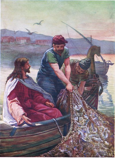 Een grote vangst van vissen, uit Het Bijbel Prentenboek uitgegeven door Thomas Nelson, c.1950 (kleur litho) door English School