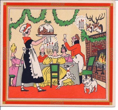Een met de hand gekleurde Franse Pochoir kerstkaart van een dienstmeid die een kerstpudding serveert, circa 1920 door English School
