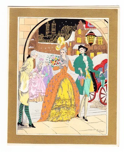 Een met de hand gekleurde Franse Pochoir kerstkaart met een lakei die een paar bezoekers in Regency-kleding begroet, circa 1920 door English School