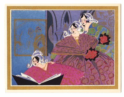 Een met de hand gekleurde Franse Pochoir kerstkaart die drie dames uitbeeldt die uit een liedboek zingen, circa 1920 door English School