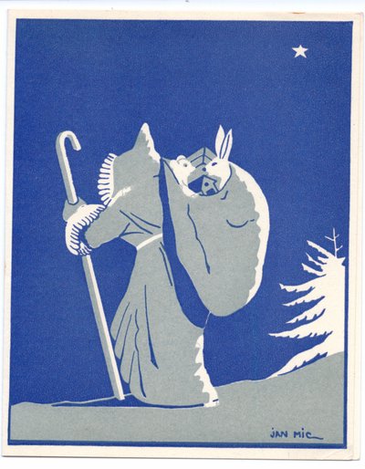 Een handgekleurde Franse Pochoir kerstkaart van de Kerstman in silhoutte, lopend met een stok, een zak dragend met een konijn en een beer erin, circa 1920 (sjabloon) door English School