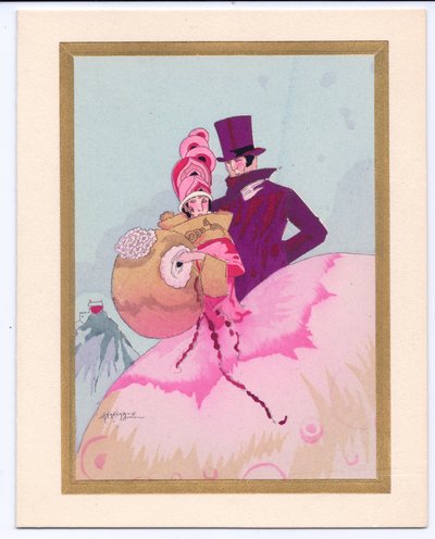 Een met de hand gekleurde Franse Pochoir kerstkaart van een Regency-dame met een mof, vergezeld door een heer met een hoge hoed, circa 1920 door English School