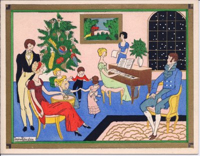 Een met de hand gekleurde Franse Pochoir kerstkaart van een kerstfeest van een Regency-familie, met dans en muzikale entertainment door English School