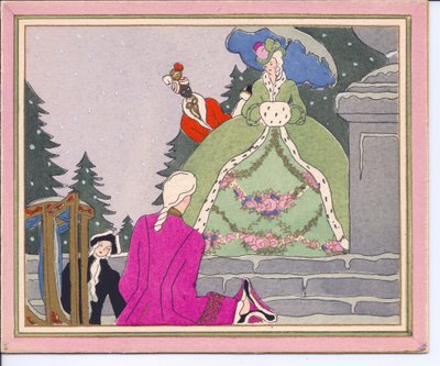 Een handgekleurde Franse Pochoir Kerstkaart van een gepoederde man die uit een draagstoel stapt en wordt begroet door een dame in een met hermelijnbont gevoerde jas met haar zwarte dienaar, circa 1920 door English School