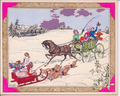 Een met de hand gekleurde Franse Pochoir kerstkaart van een slee met kinderen die wordt getrokken door honden en een paard en wagen die over een met sneeuw bedekt landschap rijden, circa 1920 door English School