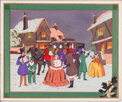 Een met de hand gekleurde Franse Pochoir kerstkaart van een dorpsscène met een koets en paarden, circa 1920 door English School