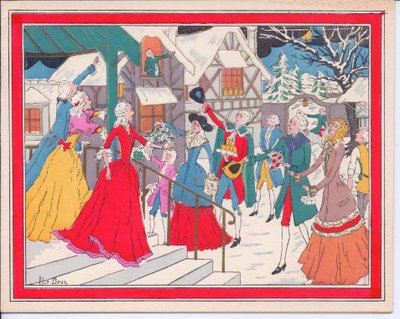 Een met de hand gekleurde Franse Pochoir kerstkaart van een winters tafereel in Tudor-tijd, circa 1920 door English School