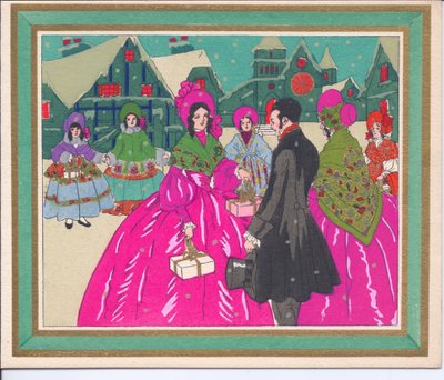 Een handgekleurde Franse Pochoir kerstkaart van dames in crinolines en een heer in een rokjas en hoge hoed, circa 1920 door English School