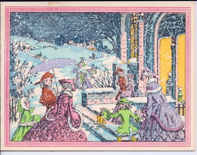 Een handgekleurde Franse Pochoir kerstkaart van feestgangers die in de sneeuw aankomen bij een herenhuis, circa 1920 door English School