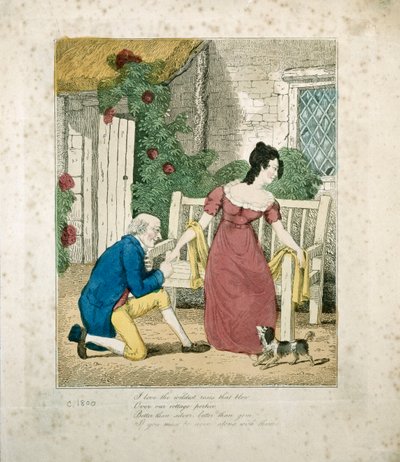 Een handgekleurde lithografische scène van een man die een aanzoek doet, c.1800 door English School