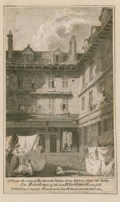 Een huis op de hoek van Breakneck Stairs, Green Harbour Court, Old Bailey, Londen door English School
