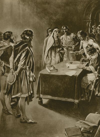 Een koninklijk charter om kolen te delven (gravure) door English School