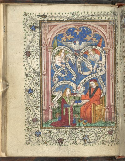 Een knielende leerling, mogelijk de auteur voorstellend, Norton, die een boek ontvangt van zijn meester, met engelen, geschreven rollen en een duif erboven. Ordinaal van Alchemie. Thomas Norton 4e kwart van de 15e eeuw door English School