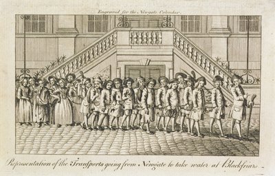 Een rij geketende veroordeelden uit Newgate Prison, Old Bailey, die naar Blackfriars worden gebracht voor transport, c.1760 door English School