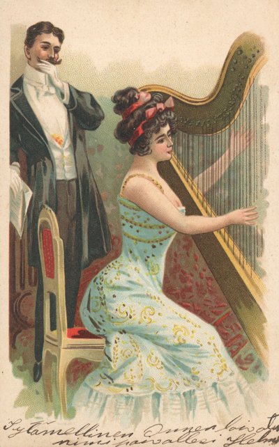 Een man kijkt naar een vrouw die harp speelt door English School
