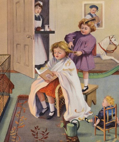 Een ondeugende kapper (kleurenlitho) door English School