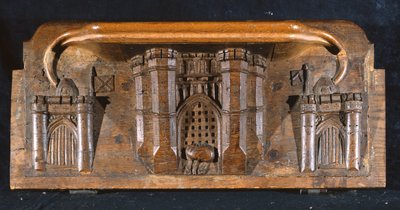 Een misericord die het paard van Sir Yvain toont, gevangen terwijl het valhek van een uitgebreide kasteelpoort wordt neergelaten, New College Chapel, Oxford, laat 14e eeuw (hout) door English School