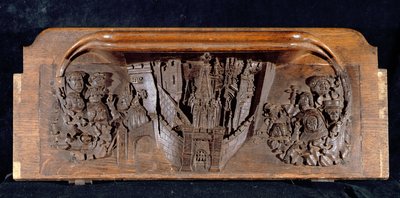 Een misericord die een ommuurde stad toont met een poort met een opgehaald valhek, New College Chapel, Oxford, laat 14e eeuw (hout) door English School