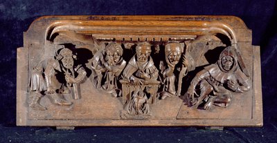 Een misericord die een academicus toont, zittend aan een paneelbureau, die een vermaning geeft aan een knielende boeteling, New College Chapel, Oxford, laat 14e eeuw (hout) door English School