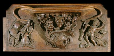 Een misericord die een ingewikkeld gesneden hydra toont, symbolisch voor de zeven hoofdzonden, met een realistisch menselijk hoofd, New College Chapel, Oxford, laat 14e eeuw (hout) door English School