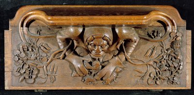 Een misericord die een ogre met enorme schouders toont, New College Chapel, Oxford, laat 14e eeuw (hout) door English School