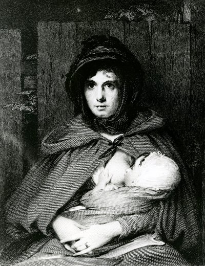Een moeder die haar baby borstvoeding geeft (gravure) door English School