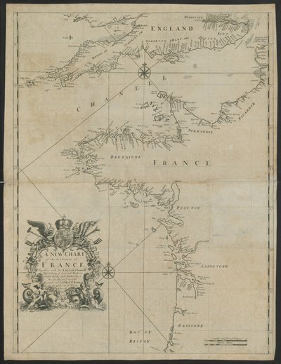 Een nieuwe kaart van de zeekusten van Frankrijk, samen met het Engelse Kanaal, c.1730 door English School