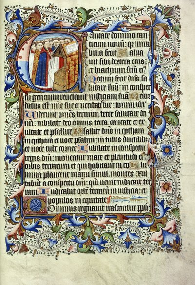 Een pagina uit een psalter in het Latijn, met een gehistorieerde initiaal die een groep monniken voor een lessenaar toont, zingend, c.1455 door English School