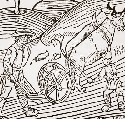 Een paar ossen aangespannen aan een ploeg, titelpagina uit John Fitzherberts Boke of Husbandry, eerst gepubliceerd 1523 door English School