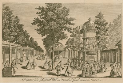 Een perspectivisch uitzicht op de Grote Wandelgang in Vauxhall Gardens, Londen, en het Orkest door English School