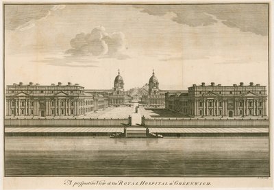 Een perspectivisch uitzicht op het Koninklijk Hospitaal in Greenwich, Londen door English School