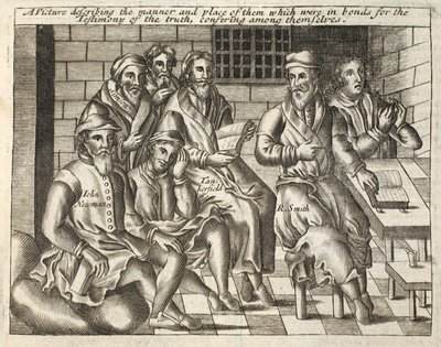 Een afbeelding die de manier en plaats beschrijft van degenen die in boeien zaten voor het getuigenis van de waarheid, onderling overleggend, illustratie uit Handelingen en Monumenten van John Foxe, negende editie, uitgegeven 1684 door English School