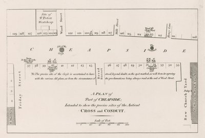 Een plan van Cheapside, Londen, bedoeld om de precieze locaties van het oude kruis en de waterleiding te tonen door English School