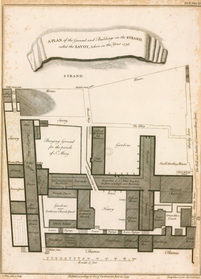 Een plan van de grond en gebouwen in de Strand genaamd de Savoy, genomen in het jaar 1736 door English School