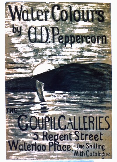 Een poster die de aquareltentoonstelling van A.D. Pepercorn in Goupil Galleries aankondigt door English School