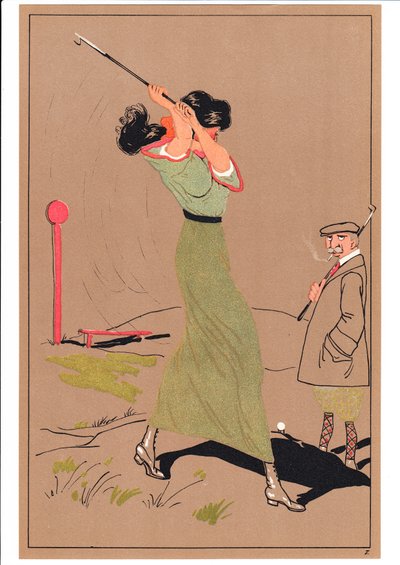 Een prent van twee golfers in komische en humoristische houdingen, ca. 1920 door English School