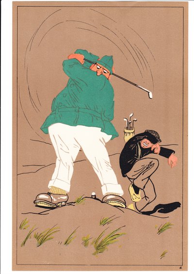Een Prent van Twee Golfspelers in Komische en Humoristische Houdingen, ca. 1920 door English School