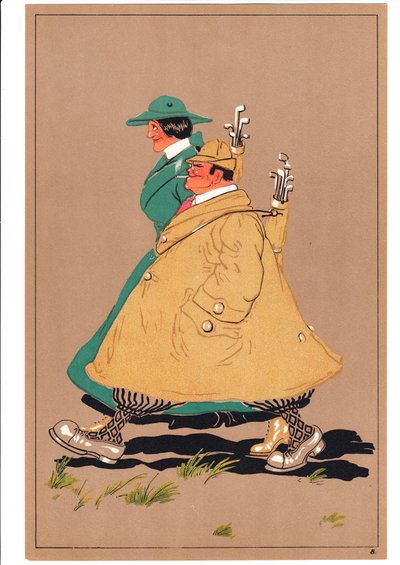 Een prent van twee golfers in komische en humoristische houdingen, ca. 1920 door English School