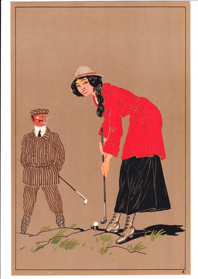 Een prent van twee golfers in komische en humoristische houdingen, ca. 1920 door English School